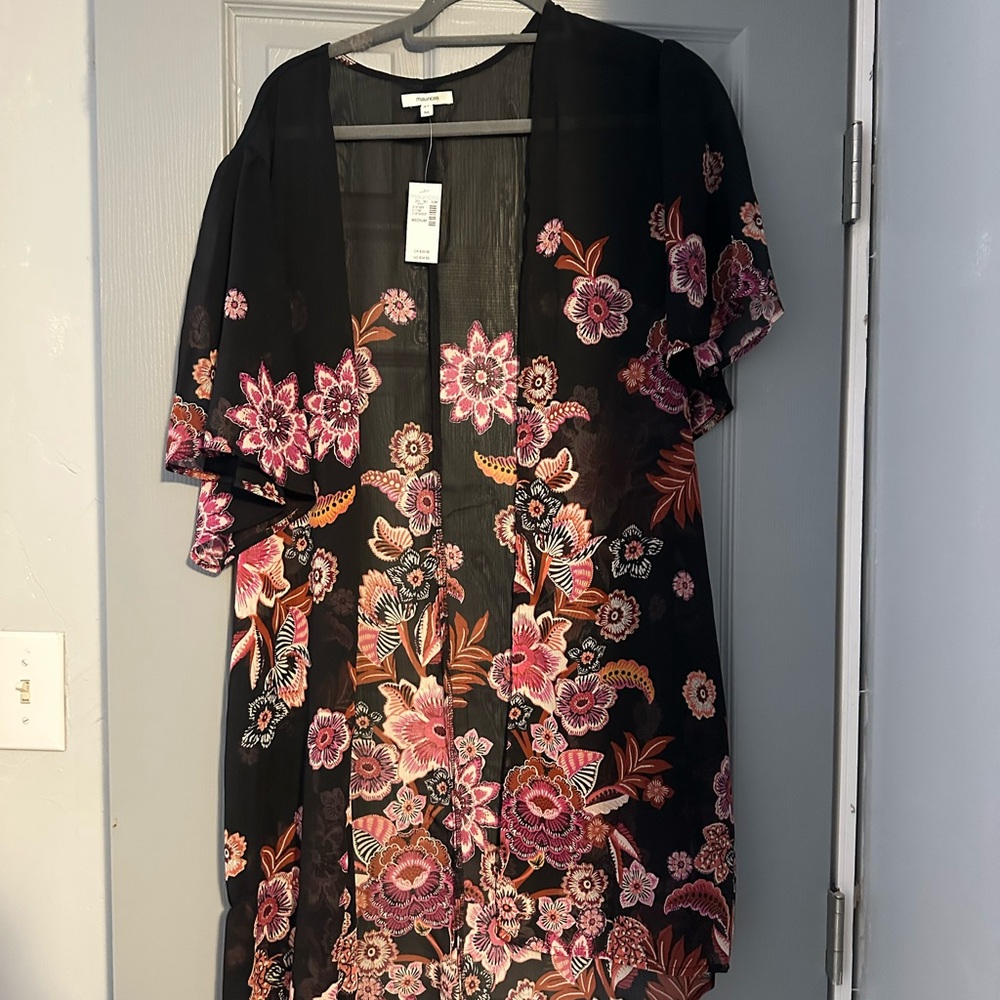 Maurices Black Sheer Kimono with Floral Accents